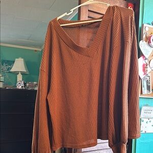 SHEIN Orange Long Sleeve Cowl Neck Blouse with Asymmetrical Ribbed Style